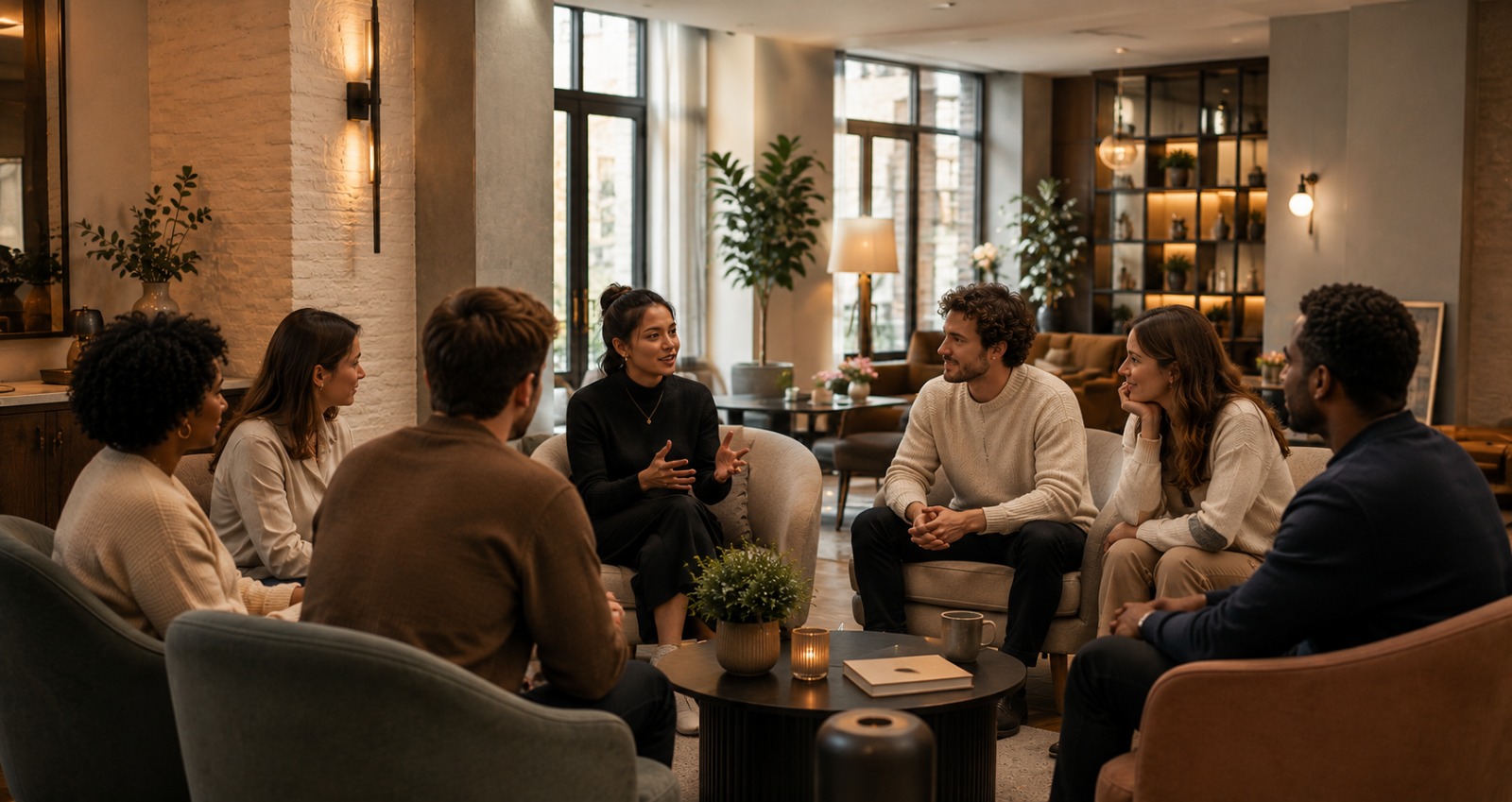 A small, intimate storytelling circle gathered in a warm, softly lit central London room